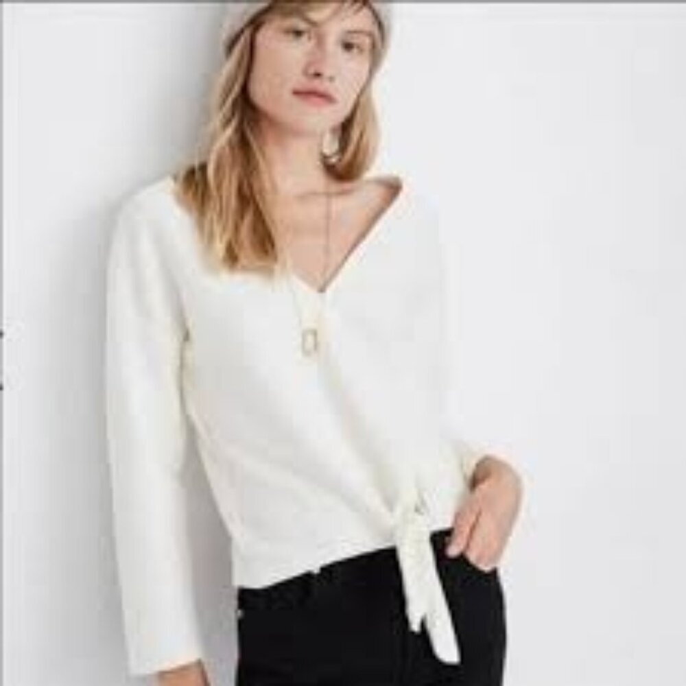 Madewell Texture & Thread Women's Long Sleeve V Neckline Pullover Top Cream Sz M